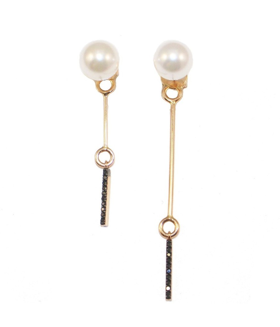 Earrings rose gold K14 with black zircons and pearls 