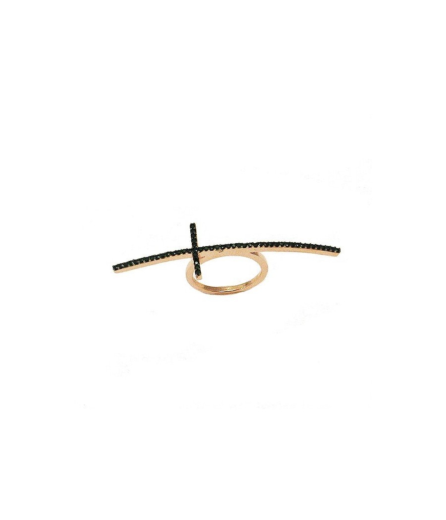 Silver ring with cross design with black zircons and rose gold plating