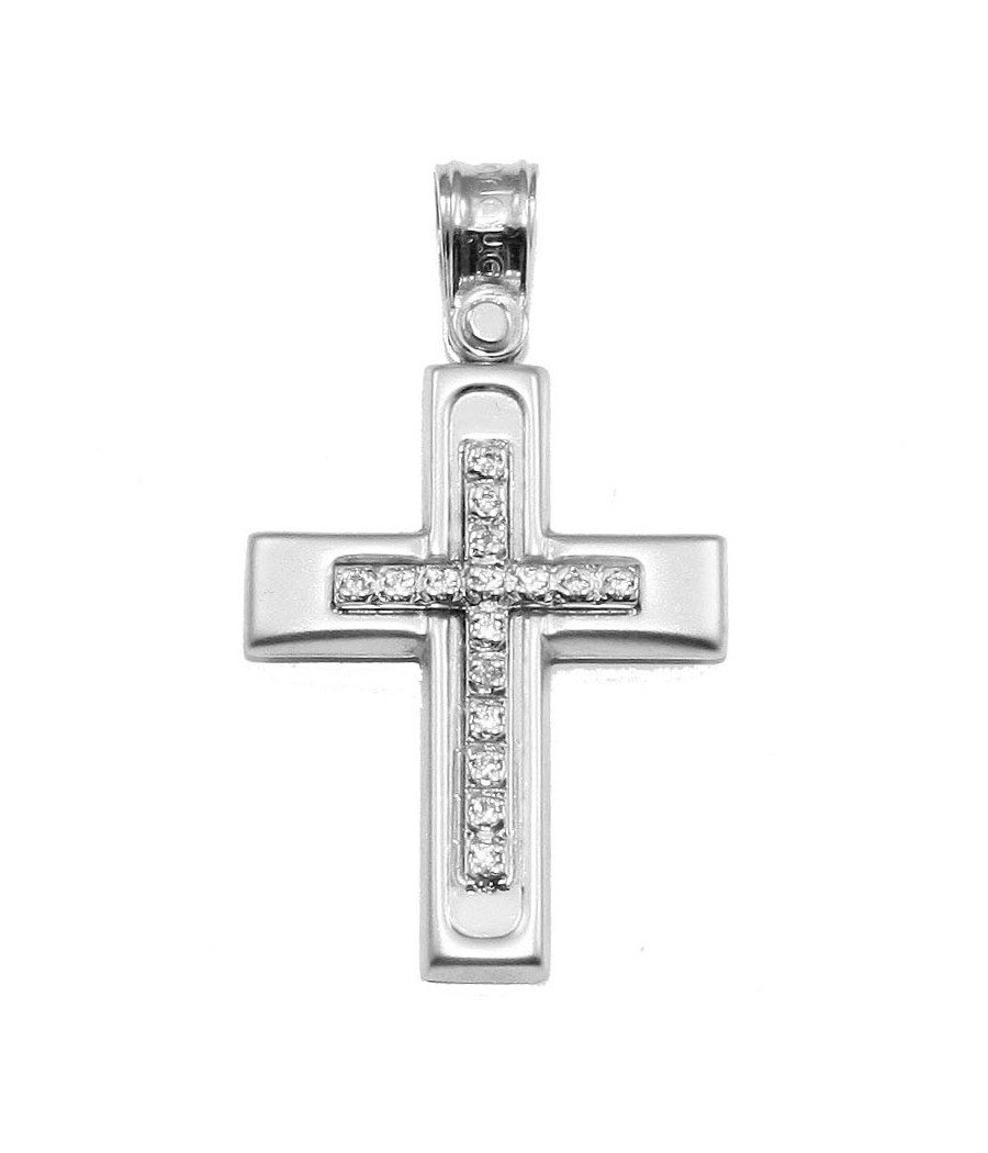 Cross in white gold K14 matt and design with polished Cross in the middle and natural zircons in white color for baptism