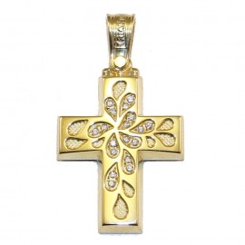 Σταυρός σε χρυσό Κ14 λουστραρισμένος με σχέδιο φύλλα δένδρου και φυσικά ζιρκόνια σε λευκό χρώμα για βάπτιση