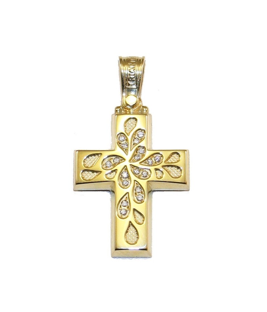 Cross in gold K14 polished with pattern of tree leaves and natural zircons in white color