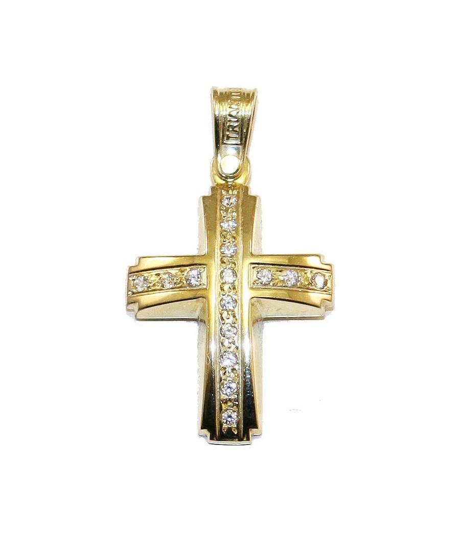 Cross in gold K14 polished and natural zircons in white color for baptism