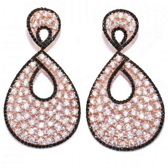 Silver earrings with rose gold plated with white zircon and black spinel
