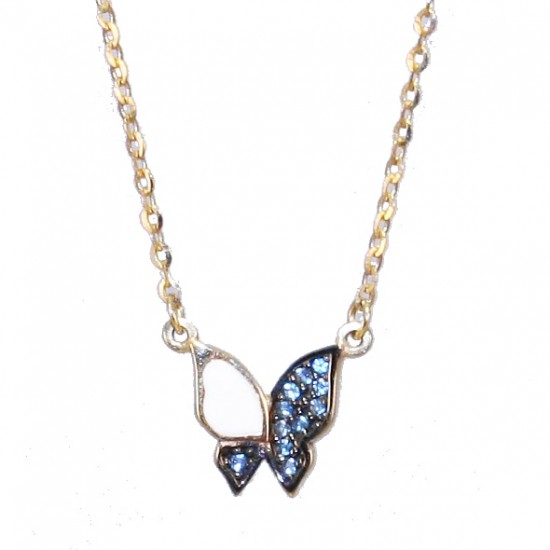 Necklace in gold K9 with butterfly design with white enamel blue zirconia