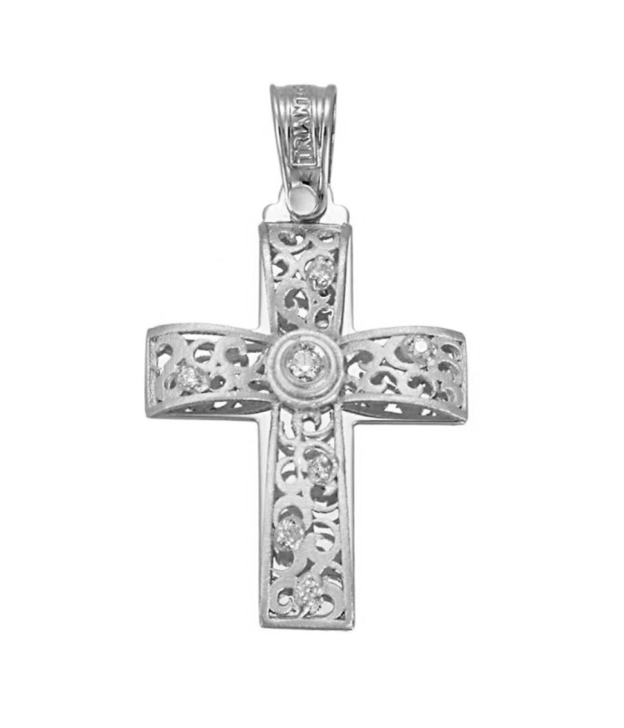 Cross in white gold K14 with design in matt white and natural zircons in white color for baptism