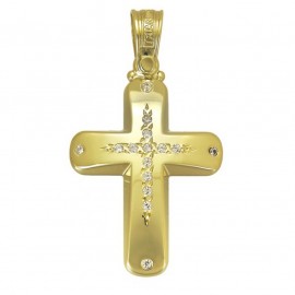 Cross in gold K14 polished with Cross design with natural zircons in white color for baptism 35548