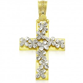 Cross in gold K14 polished with flower design in white gold and natural zircons in white color