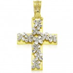 Cross in gold K14 polished with flower design in white gold and natural zircons in white color