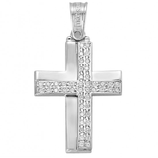 Cross in white gold K14 polished and natural zircons in white color for baptism 4245