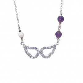 Silver necklace with wings design platinum with white zircon synthetic stones in amethyst color and pearl Chain length 40-45cm