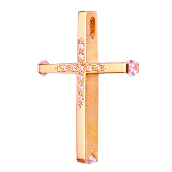 Σταυρός σε ροζ χρυσός Κ14 λουστραριστός και ματ στις πλευρές με φυσικά ζιρκόνια σε λευκό χρώμα για βάπτιση 3546P