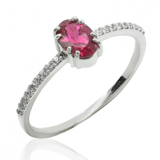 Ring white gold K14 solitaire with ruby  and diamonds  19103