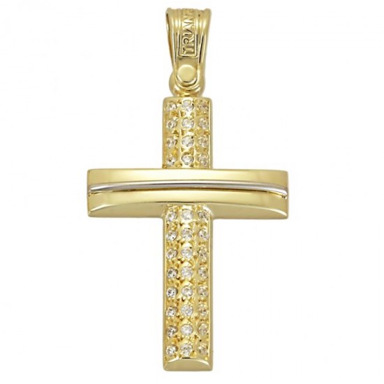 Cross in gold K14 polished and natural zircons in white color 3351