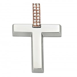 Cross in two colors in white and rose gold K14 with natural zircons in white color for baptism 2448