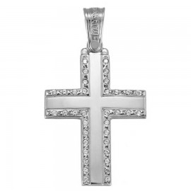 Cross in white gold K14 polished and natural zircons in white color for baptism 4345W