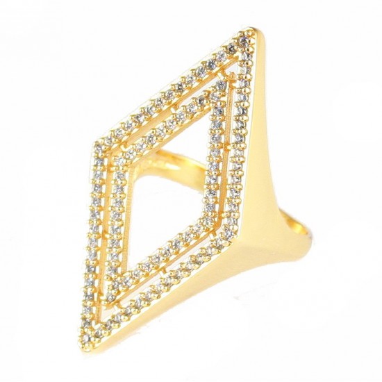 Silver ring with gold-plated rhombus design and natural zircons in white color 
