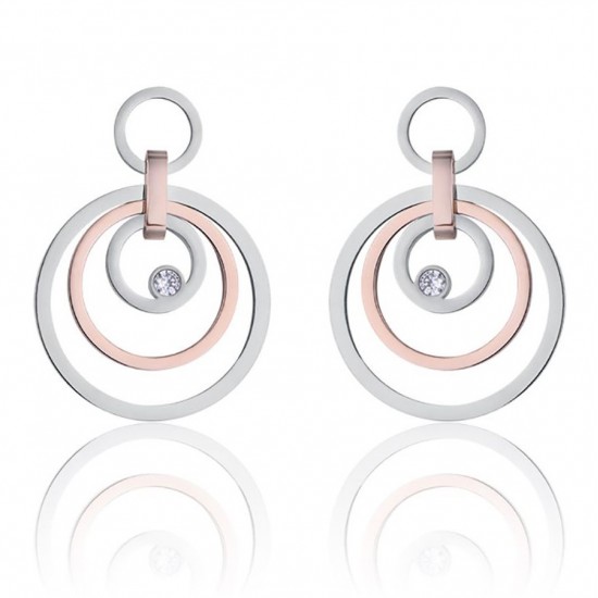 Stainless steel earrings with circles and rose steel with white crystal  OK1050