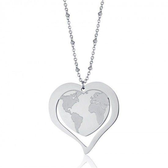 Stainless steel necklace with heart design and world map  CK1442