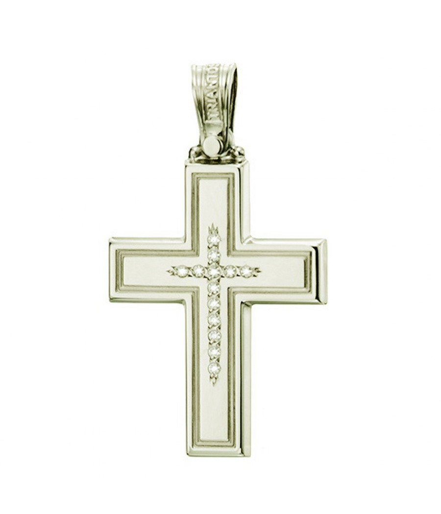 Cross in gold K14 polished and Cross design in the middle with natural zircons in white color