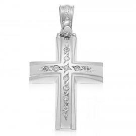 Cross in white gold K14 matt with polished Cross in the middle with natural zircons in white color 41548