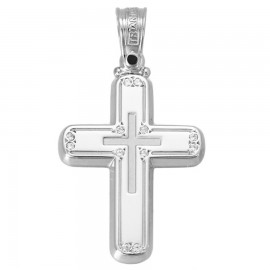 Cross in white gold K14 polished with matte Cross in the middle and natural zircons