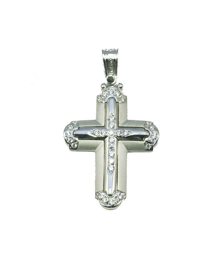 Cross in matt white gold K14 and design with polished Cross with natural zircons in white color for baptism
