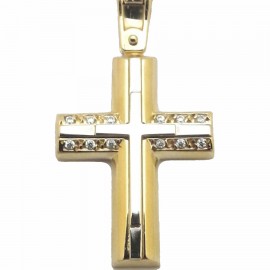 Σταυρός σε χρυσό Κ14 λουστραρισμένος με σχέδιο Σταυρού στην μέση και φυσικά ζιρκόνια σε λευκό χρώμα για βάπτιση