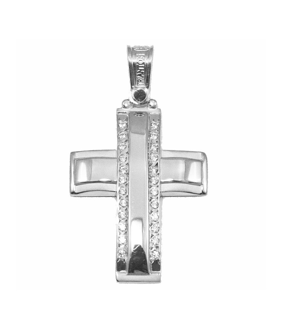 Cross in white gold K14 varnished and natural zircons in white color for baptism