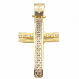 Σταυρός σε σατινέ χρυσό Κ14 με σχέδιο σε λευκό χρυσό και φυσικά ζιρκόνια σε λευκό χρώμα για βάπτιση