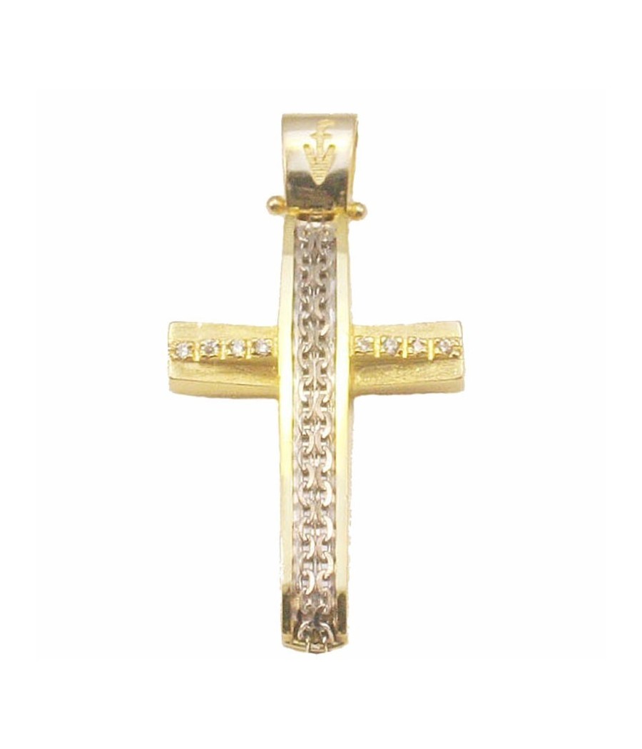 Cross pendant 14K satin gold with white gold and zirconia 4.30g
