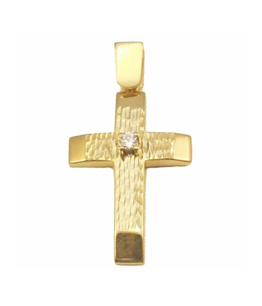 Cross pendant 14K gold hammered with white zircon