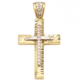 Σταυρός σε χρυσό Κ14 σφυρήλατος με λευκό χρυσό Σταυρό στην μέση και φυσικά ζιρκόνια σε λευκό χρώμα για βάπτιση
