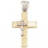Cross in gold K14 forged and polished with a design Cross in white gold in the middle decorated with natural zircons in white co