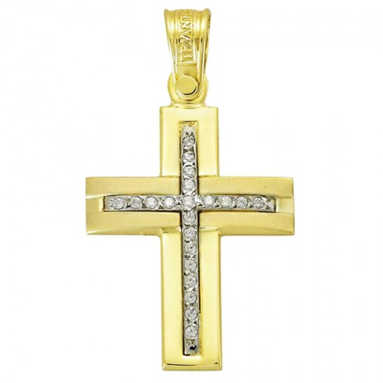 Σταυρός σε χρυσό Κ14 λουστραριστός και ματ με φυσικά ζιρκόνια σε χρώμα λευκό για βάπτιση 3041