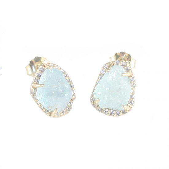 Earrings in gold K14 with natural aquamarine stone and zircons in white color 17887