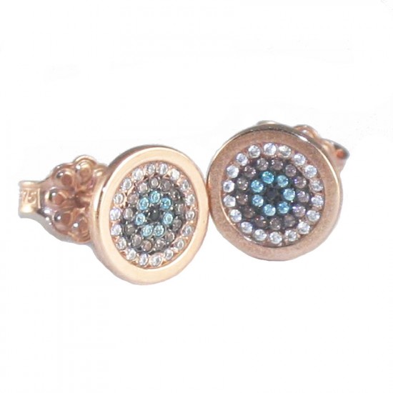 Earrings in rose gold K9 with target design with natural zircons in white and blue color