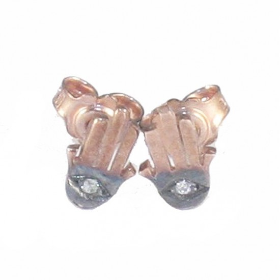 Earrings in rose gold K9 with hand design of good luck with natural zircons in white color