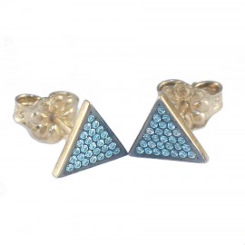 Earrings in gold K9 with the design of the triangles with natural zircons in petrol color