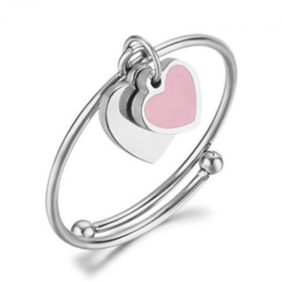 Stainless steel ring with heart design with pink enamel open fits to all fingers ANK214