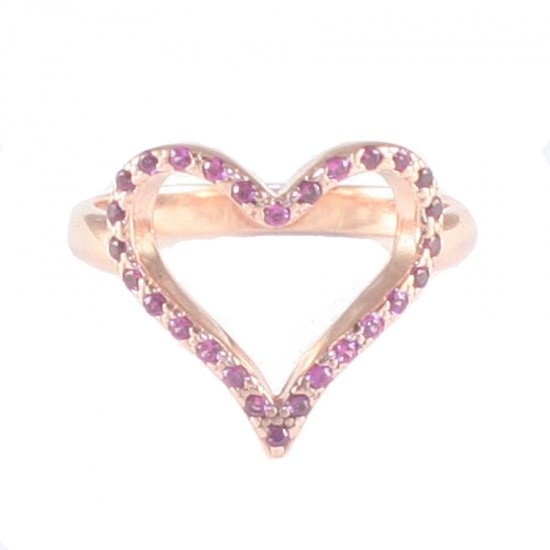 Silver ring with heart design with pink gold plating and red zircons No. 53