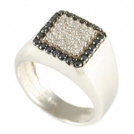 Square head silver ring with natural zircons in white and black color 4355W