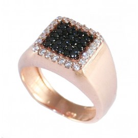 Δαχτυλίδι ασημένιο με τετράγωνη κεφαλή με λευκά και μαύρα ζιργκόν και ροζ επιχρύσωμα 4355R