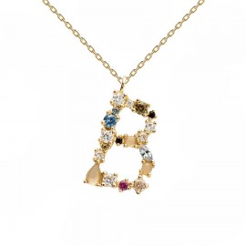 Necklace silver monogram B with colored zircons gold plated  CO01-097-U