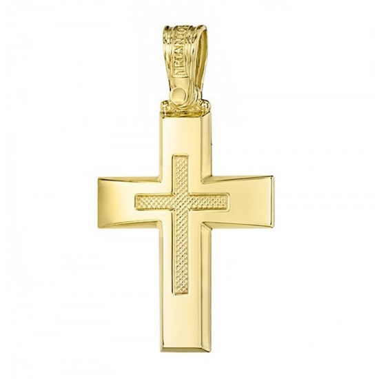 Σταυρός σε χρυσό Κ14 λουστραριστός και σχέδιο με σκάλισμα στην μέση για βάπτιση 2732