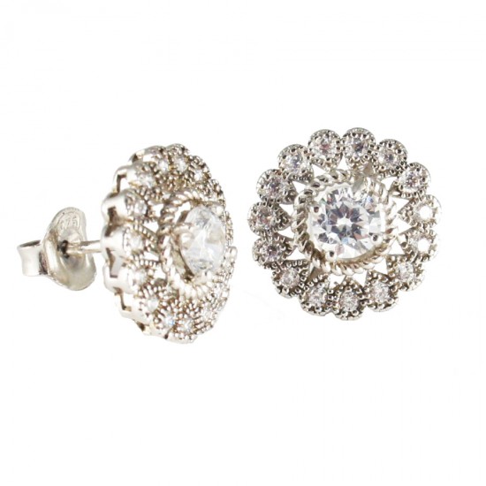 Vintage silver earrings with design daisies with white zircon 32018