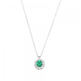 Platinum necklace K14 rosette round with white zircon and stone in emerald color 19516