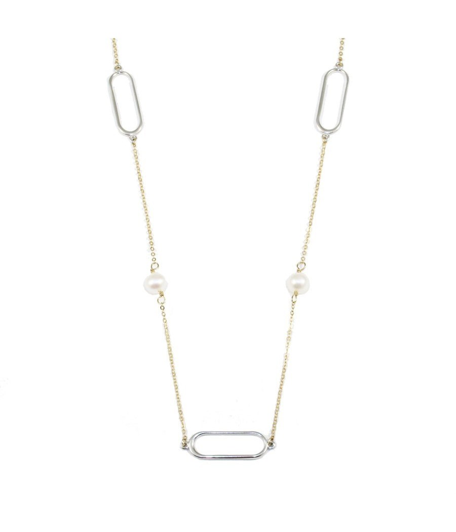 9K bicolor gold necklace with natural pearls and paperclip design