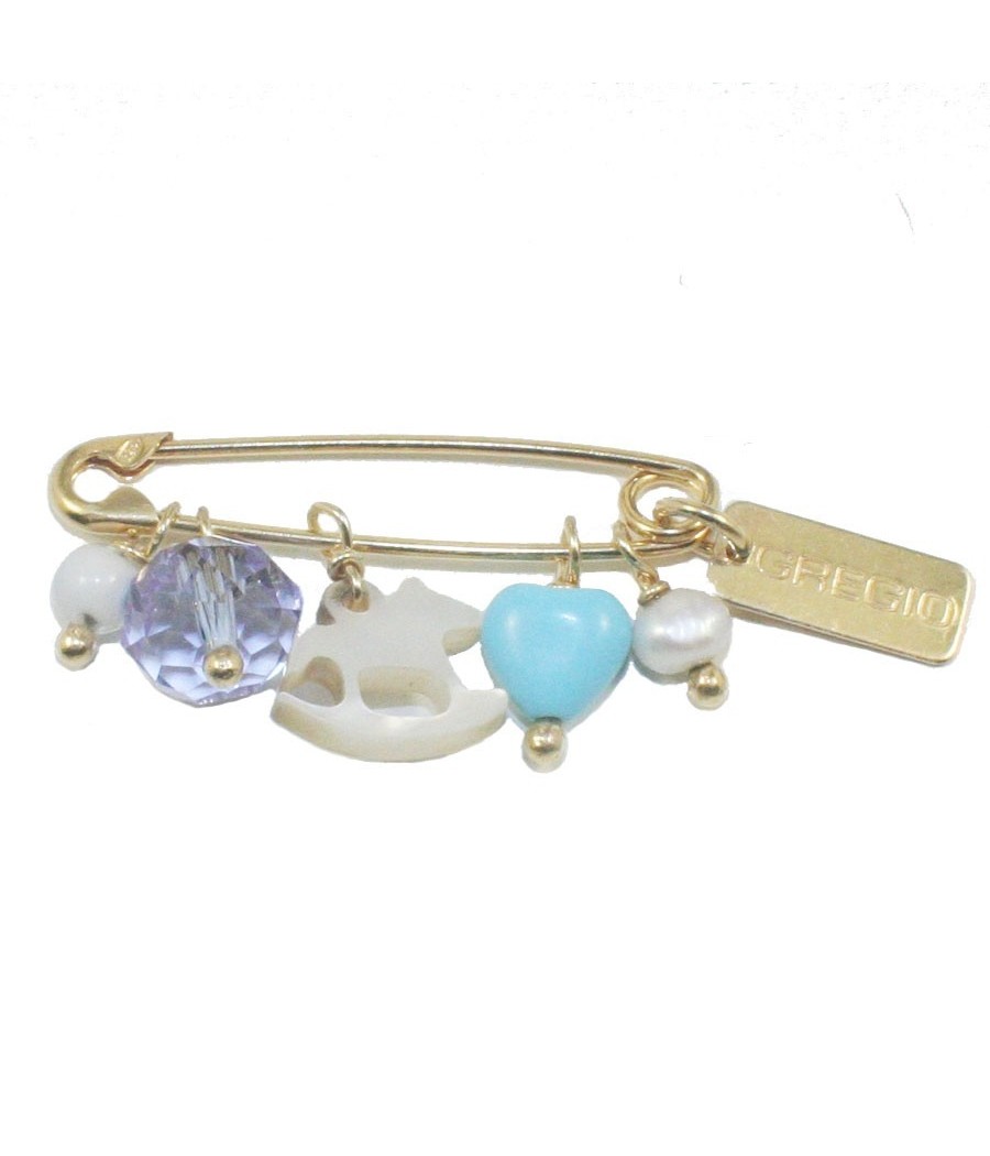 Child's silver gilded bib with colored quartz pearls and mother-of-pearl horse for christening
