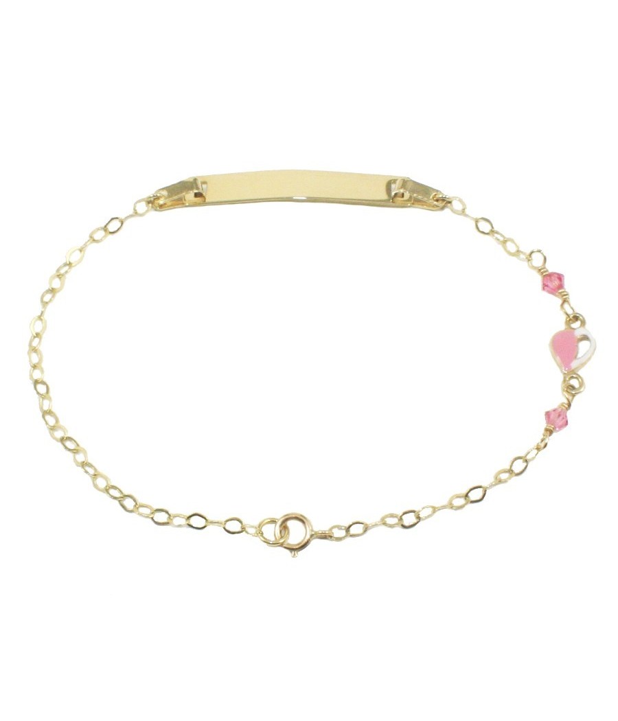 9K gold ID bracelet with pink enamel heart and rose quartz