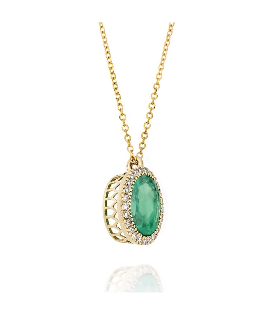 Gold rosette K18 necklace with white natural diamonds with drop design emerald in the center  ME1915